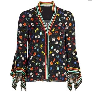 Alice & Olivia Randa Floral & Stripe Trumpet Sleeve Blouse In Black. Size M